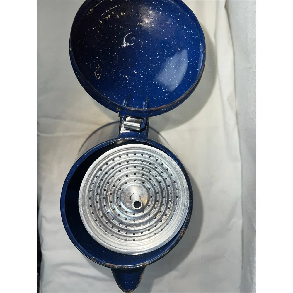 Vintage Blue Speckled Enamel Coffee Pot Campfire Cowboy Kettle Rustic Camping